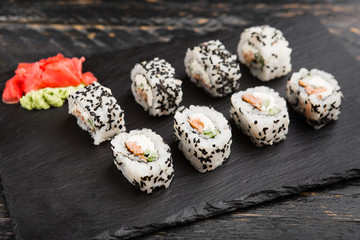 Delicious rolls with fish and cheese	