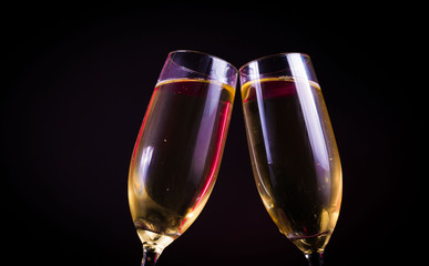 Drink. Two glasses white wine, dark background