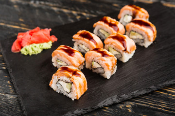 Delicious rolls with fish and cheese	