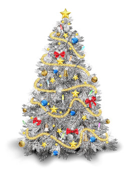 Silver Christmas Tree with Colorful Ornaments Isolated on White Background - Detailed Colored Illustration for Your Merry Christmas Greeting, Vector
