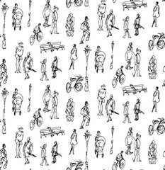 Seamless pattern made of hand drawn sketched elements, people, bicycle, lantern, bench. Urban background, walking area