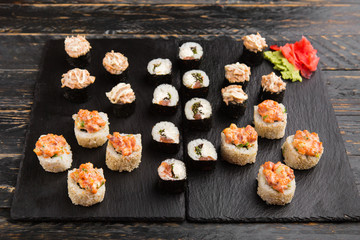 Delicious rolls with fish and cheese	