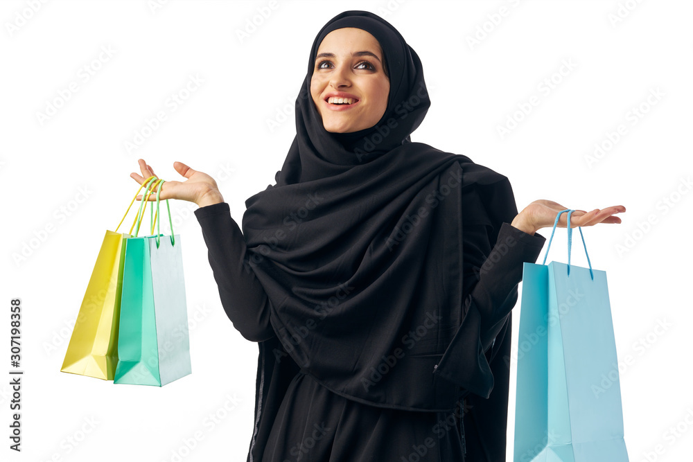 Wall mural happy woman with shopping bags