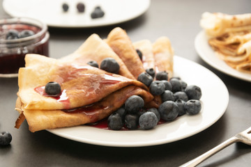 Stack of thyn pancakes. Homemade pancakes with blueberry, for breakfast isoalted.