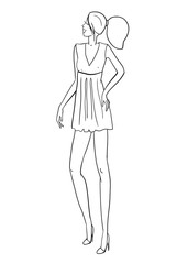 Beautiful thin girl in a short dress with high heels, with hair pulled down in a ponytail, linear drawing, fashion illustration, raster copy