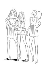 Young beautiful girls in light summer clothes, with long hair, posing for shooting, smiling, hand-drawn fashion vector illustration, outline drawing, raster copy