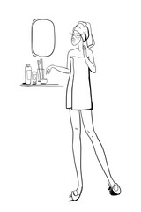 Girl after a shower in a bathtub, in front of a mirror with cosmetics, face and body care, drawing, fashion illustration