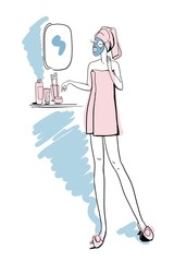 Girl after a shower in the bathroom, in front of a mirror with cosmetics, face and body care, color fashion illustration, raster copy