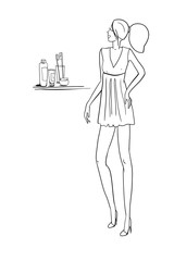 Beautiful girl, in a short dress, stands in the bathroom in front of the mirror, face and body care, fashion illustration, for design, for the design of pages on social networks, raster copy