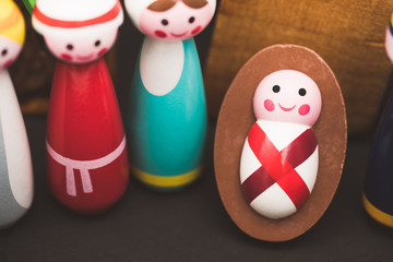 Christmas nativity scene of born child baby Jesus Christ in the manger with Joseph and Mary and Three wise men.Traditional Christmas Nativity Scene of baby Jesus in the manger with Mary and Joseph.