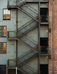 Fototapeta na wymiar Metalworks fire escape on historic, renovated building in downtown Tacoma