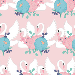 seamless pattern with swans and flower bouquet