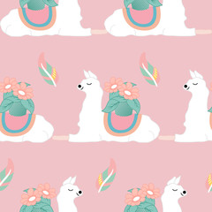 Sleeping llama and boho feather in a seamless pattern design