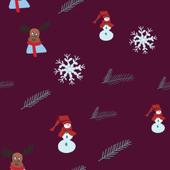 Snowman, winter reindeer, snowflakes seamless pattern.