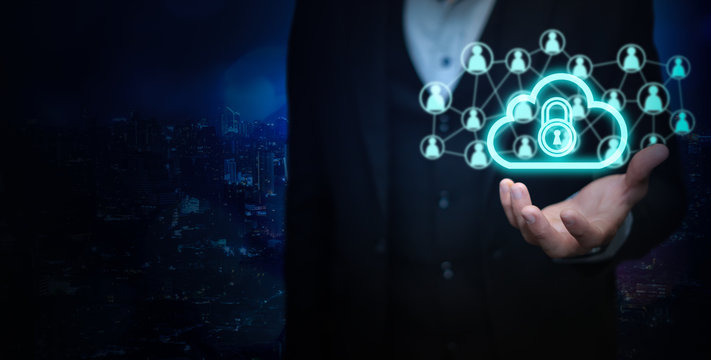 Cloud storage with human hand blue abstract futuristic ai digital technology network hologram and city background,technology concept for data privacy,robotic,deep machine learning, cyber security.