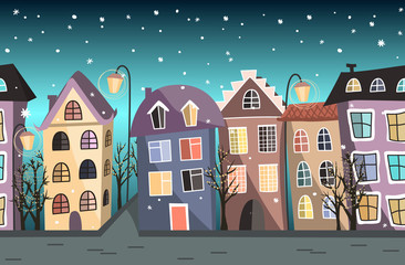 Seamless winter border with cute houses and trees. Christmas vector background