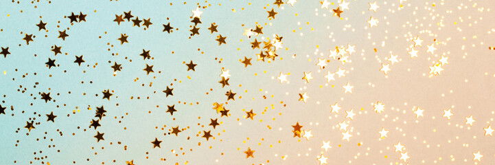 Trendy coral and blue background with gold stars. Banner. The concept of celebrations, the Day of...