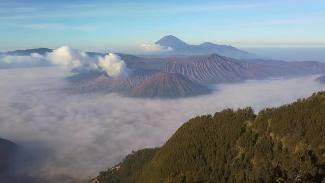 Aerial view drone flight at Bromo volcano at sunrise, East Java, Indonesia