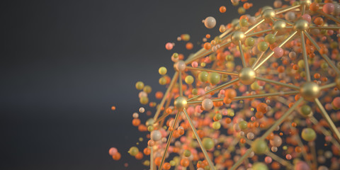 abstract connection interface with lines and dots 3D rendering.abstract golden atom close up as a scientific background.Elementary particles in atom. Physics concept. 3D render.