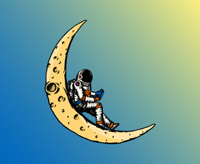 Spaceman on the moon. Astronaut is reading a book. Astronomical galaxy space. Funny cosmonaut explore adventure. Engraved hand drawn in old sketch. Planets in the solar system. © artbalitskiy