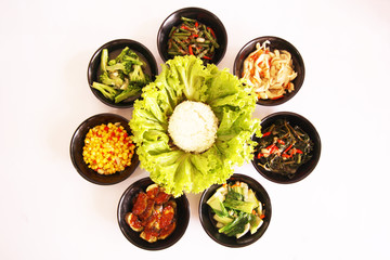 Various Delicious Restaurant Cooking Dishes and Beverages Recipes from Sea Food and Vegetables in White Isolated Background