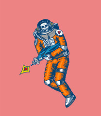 Soaring Spaceman. Skeleton with space weapons. Astronaut in the solar system. Engraved hand drawn Old sketch in vintage style.