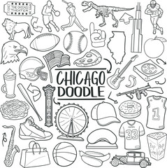 Obraz premium Chicago Illinois Travel. Tourism Set Famous City. Traditional Doodle Icons Sketch Hand Made Design Vector. 