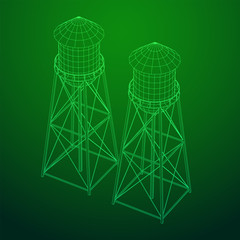 Water tower. Industrial construction with water tank. Wireframe low poly mesh vector illustration.