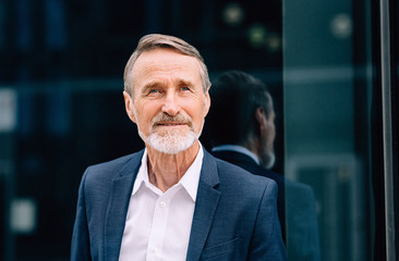 Portrait of a bearded businessman standing at glass front and looking away - obrazy, fototapety, plakaty