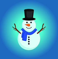 Snowman vector illustration on white background. flat vector wearing a hat on a cyan background.EPS 10. Card, character. Blue gradient background
