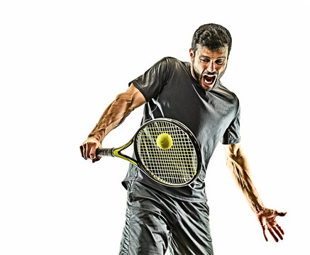 one caucasian mature tennis player man backhand portrait waist up in studio isolated on white background