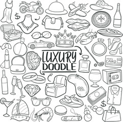 Luxury Objects Rich Life Style. Set  Traditional Doodle Drawn. Sketch Hand Made Design Vector.