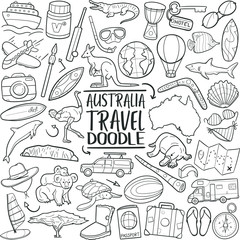 Australia Icons Travel. Tourism Set Famous Country. Traditional Doodle Drawn Sketch Hand Made Design Vector.