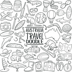 Australia Icons Travel. Tourism Set Famous Country. Traditional Doodle Drawn Sketch Hand Made Design Vector. © josepperianes