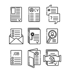 Business flat design set infographics elements isolated, vector shapes. Icons of resume, search for employees, interview, CV, HR, vacancies, employment contract, recruitment, awards and skills.