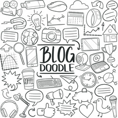 Blog Internet Work. Objects Logo Digital Social Media. Traditional Doodle Drawn Sketch Hand Made Design Vector.