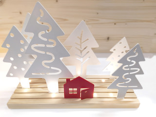 paisaje nevado con casa roja, abetos y fondo para navidad. objeto de fiestas diciembre