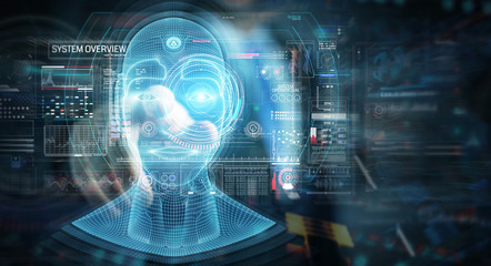 Fototapeta na wymiar Businessman using digital artificial intelligence head interface 3D rendering