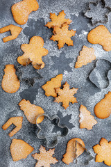 Fototapeta na wymiar Gingerbread and metal cutting. Christmas background.
