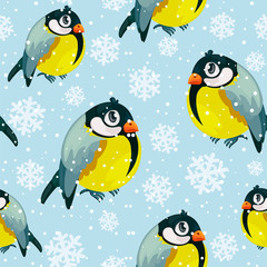 Bullfinch birds Tits seamless pattern with snowfall. Christmas collection background. Winter texture. Vector illustration.