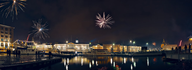 New Year fireworks in Helsinki. Beautiful night panorama.