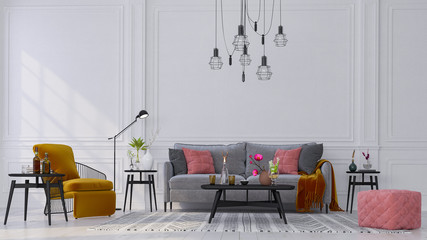 Decorative backdrop of a room at home, office and hotel. Modern interior design sofa and bright modern interior details on the background of a white classic wall.