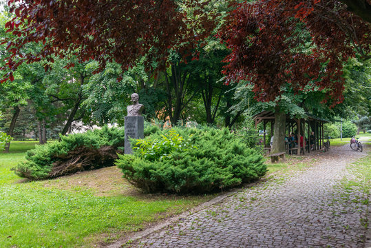 Loznica, Serbia - July 13, 2019: Monument to General Pavle Jurisic Sturm in Loznica, Serbia. He was a Serbian general, best known for commanding the Serbian 3rd Army in World War I.