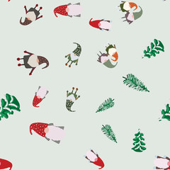 Seamless pattern with pine trees and Christmas scandinavian gnomes.