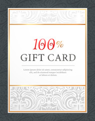 Gift card 100 percent in frame decorated by curly symbols on white. Holiday postcard or poster with pattern. Invitation banner icon with text and decorative elements isolated on black vector