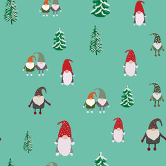 Seamless pattern with pine trees and scandinavian gnomes.