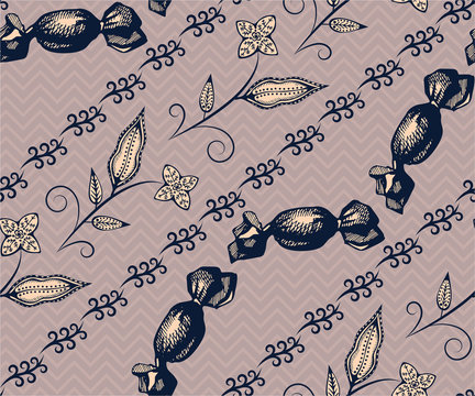 Seamless pattern with candy. Hand drawing decorative background. Vector pattern. Print for textile, cloth, wallpaper, scrapbooking