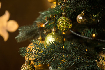 Close up. Decorated Christmas tree with lights. Christmas background.