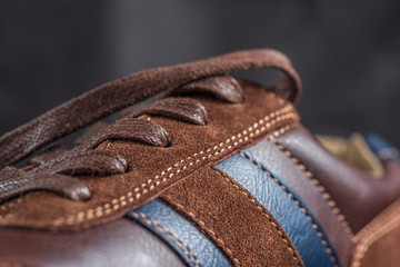 Laces on moccasins. Shoes close-up.