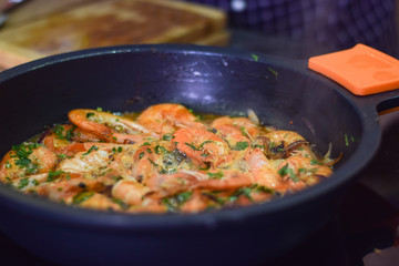 Cooked prawns in the pan